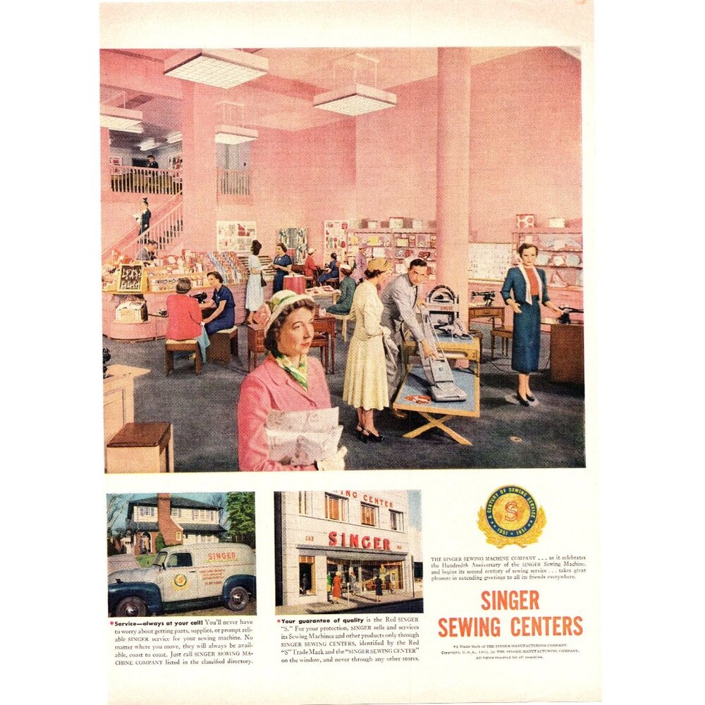 1951 Singer Sewing Centers Machine Stores Vintage Print Ad 50s Housewife Wall Ar